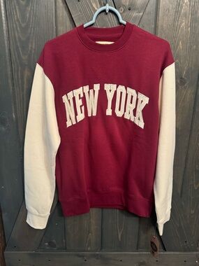 Maroon Crewneck Sweatshirt with Cream Raglan Sleeves - NEW YORK